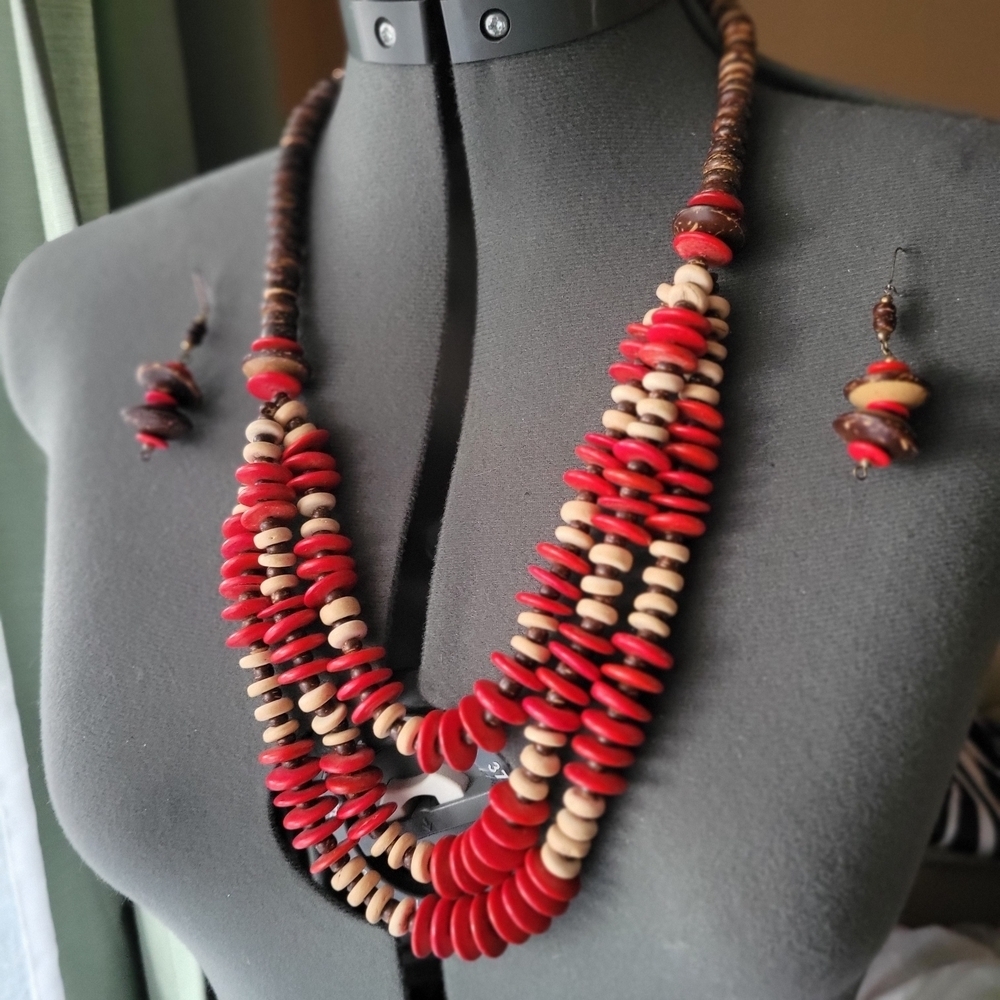Boho Multi Strand Red Brown Beaded Statement Necklace Earrings Set Wood Tribal